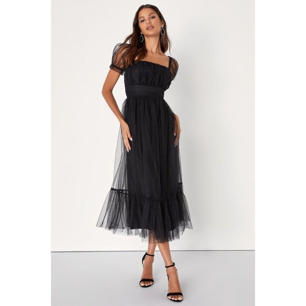 Lulus Flawless Aura Black Tulle Puff Sleeve Ruffled Midi Dress - Size S